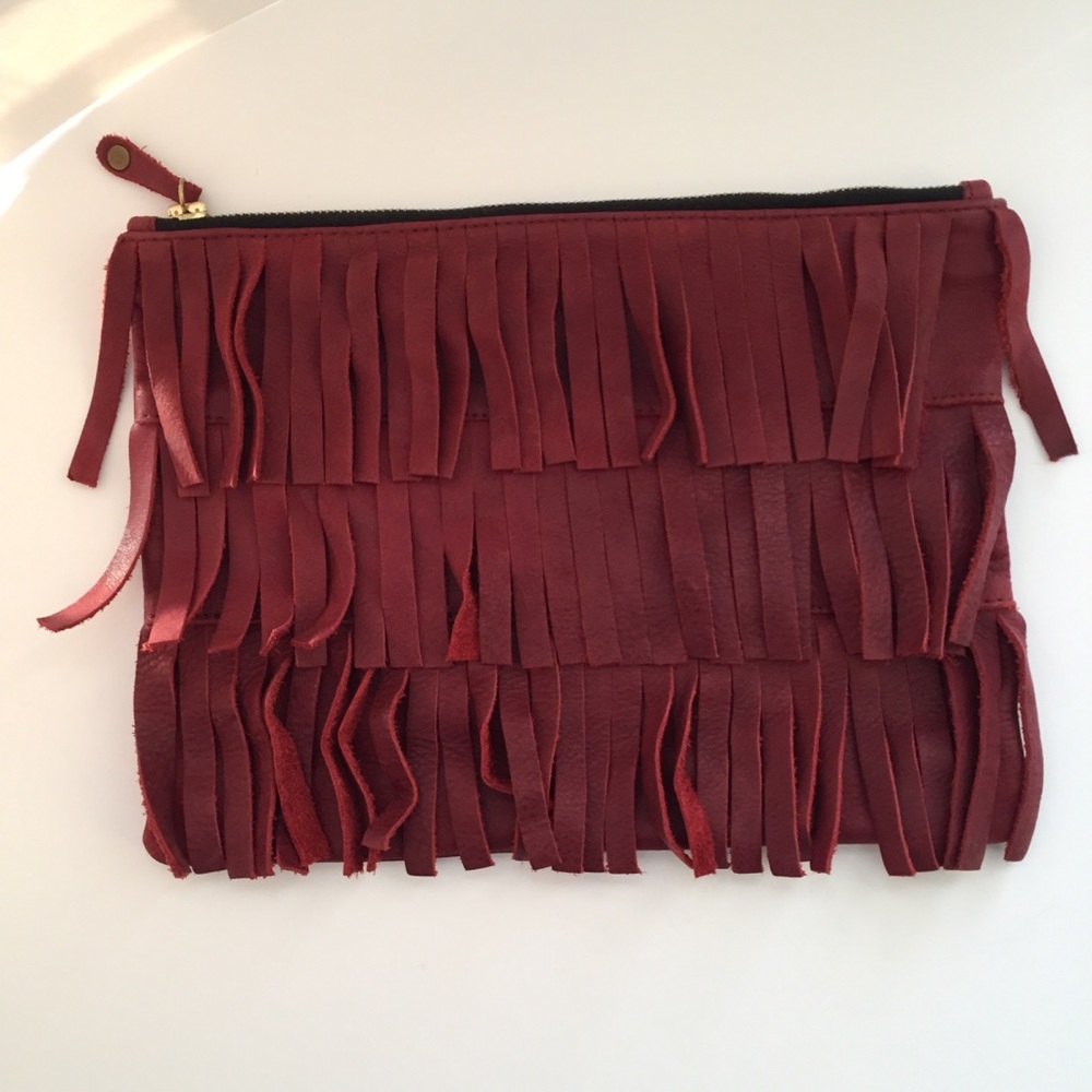 Ceri Hoover wine suede fringe clutch purse